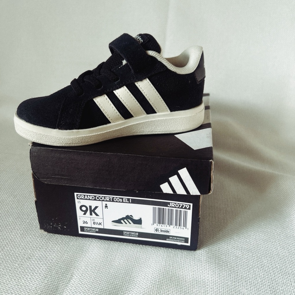 adidas Black and White Kids Velcro Court Sneaker